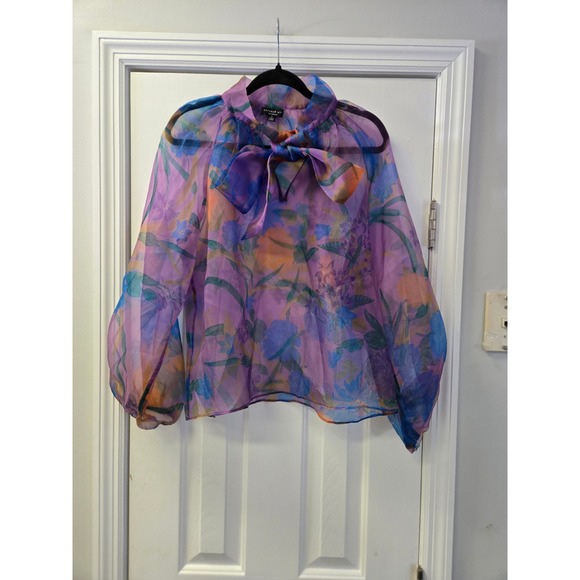 Current Air Tops - Current Air Purple Floral Sheer Organza Bow Tie Neck Balloon Sleeve Blouse S